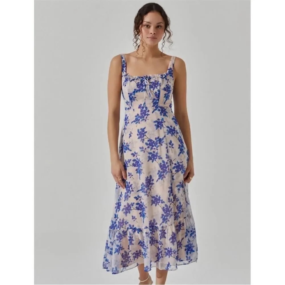 ASTR Ivory Cobalt Floral Midi Dress